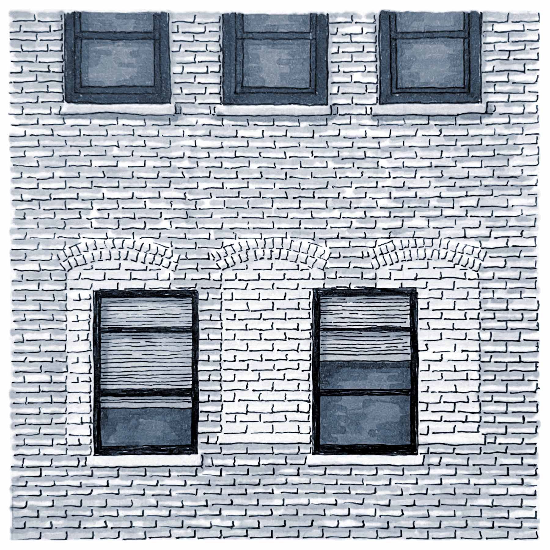 A pen and ink drawing of four windows in a brick wall