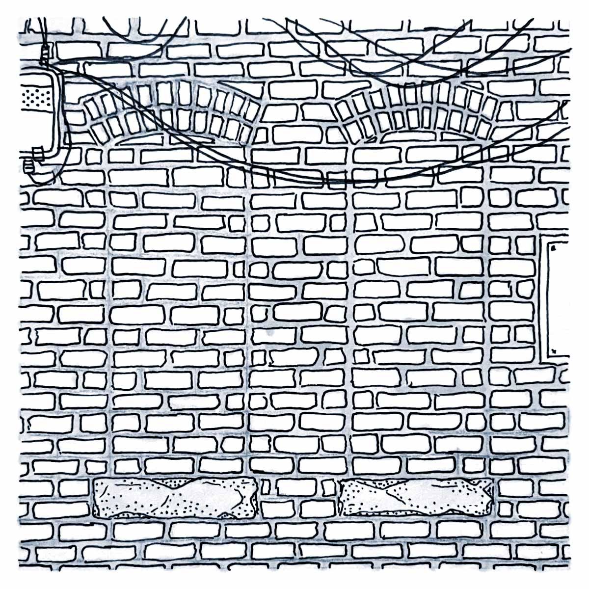 A pen and ink drawing of two bricked in windows