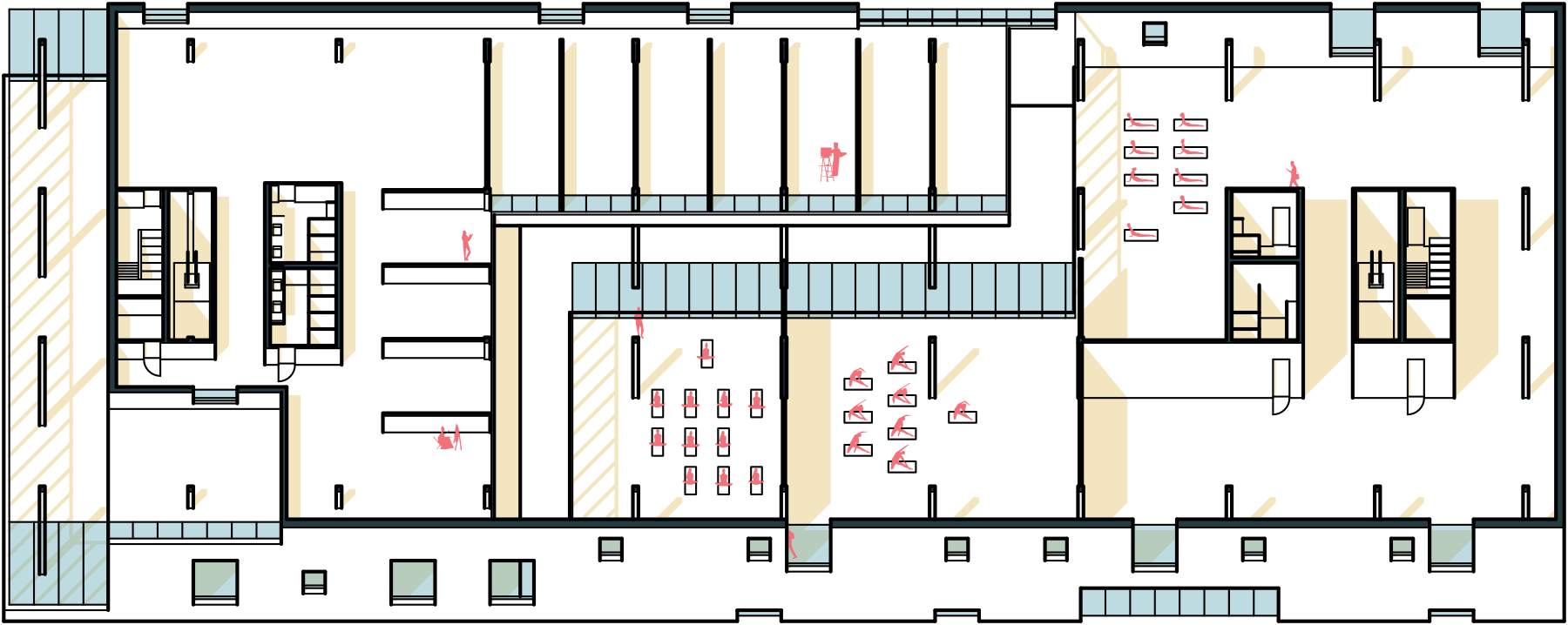 A plan oblique drawing of the art and yoga spaces