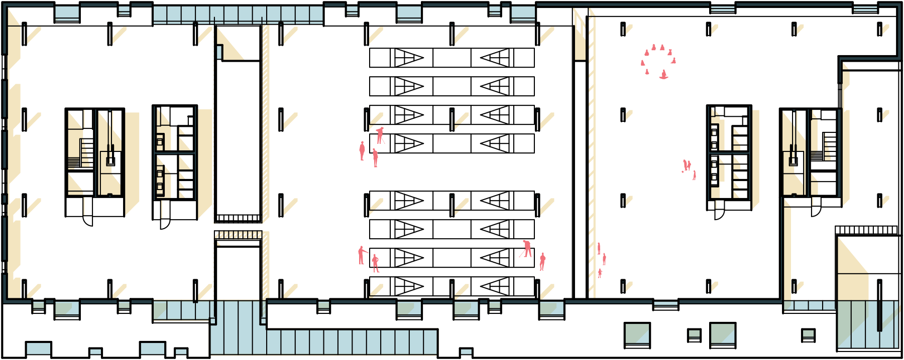 A plan oblique drawing of the shuffleboard court and daycare