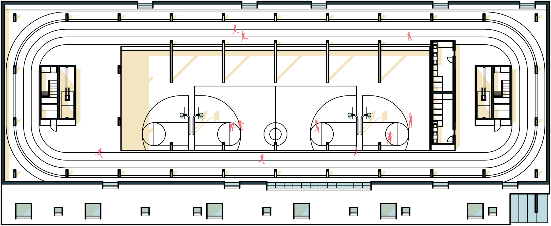 A plan oblique drawing of the running track and the basketball court