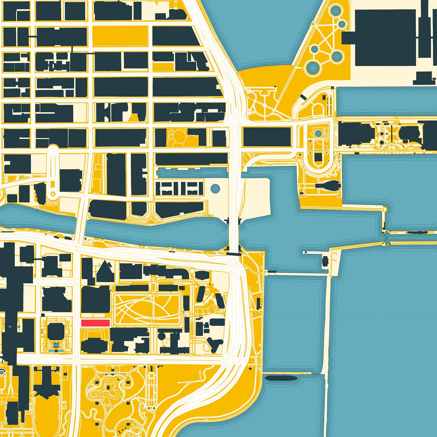 A top down map of the mouth of the Chicago river and the surrounding streets and buildings